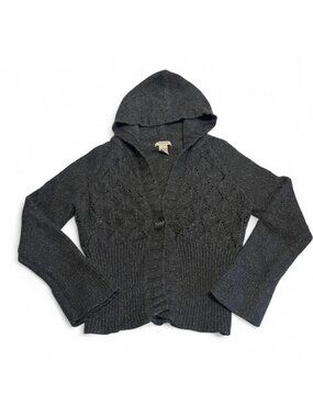 Vintage Y2K Vertigo Knit Cropped Hooded Cardigan Sweater Women's Large Cozy Fall